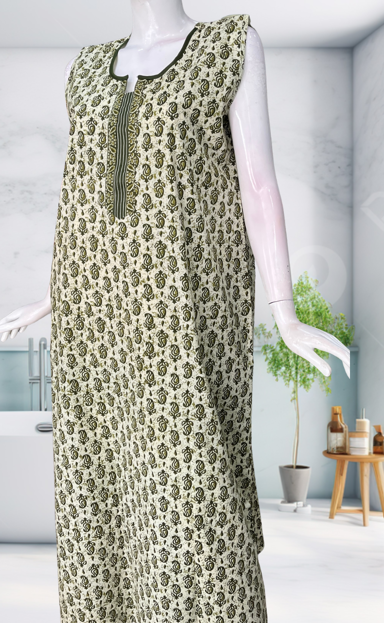 Green Paisley Motif Sleeveless Pure Cotton Nighty. Pure Durable Cotton | Laces and Frills