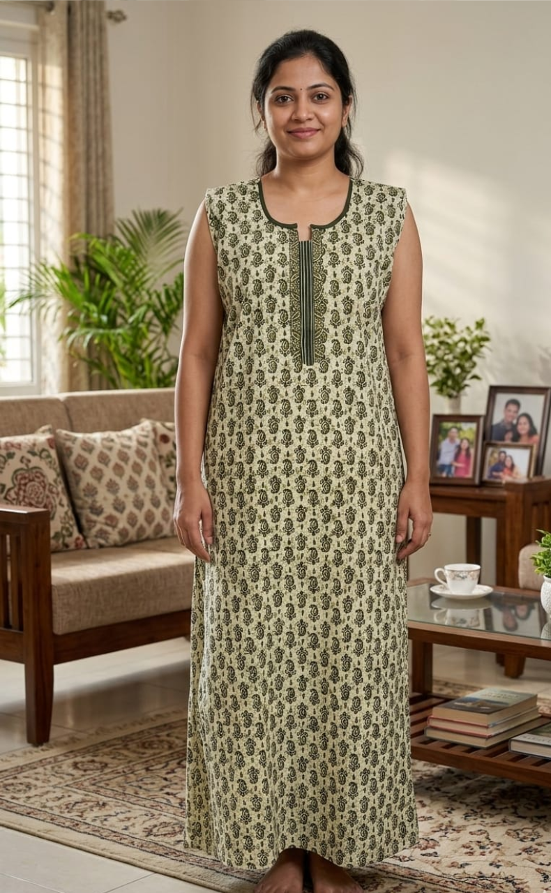 Green Paisley Motif Sleeveless Pure Cotton Nighty. Pure Durable Cotton | Laces and Frills