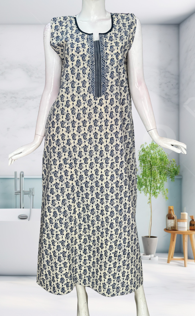 Blue Paisley Motif Sleeveless Pure Cotton Nighty. Pure Durable Cotton | Laces and Frills