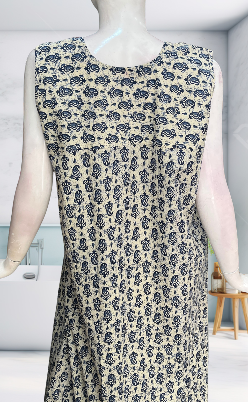 Blue Paisley Motif Sleeveless Pure Cotton Nighty. Pure Durable Cotton | Laces and Frills