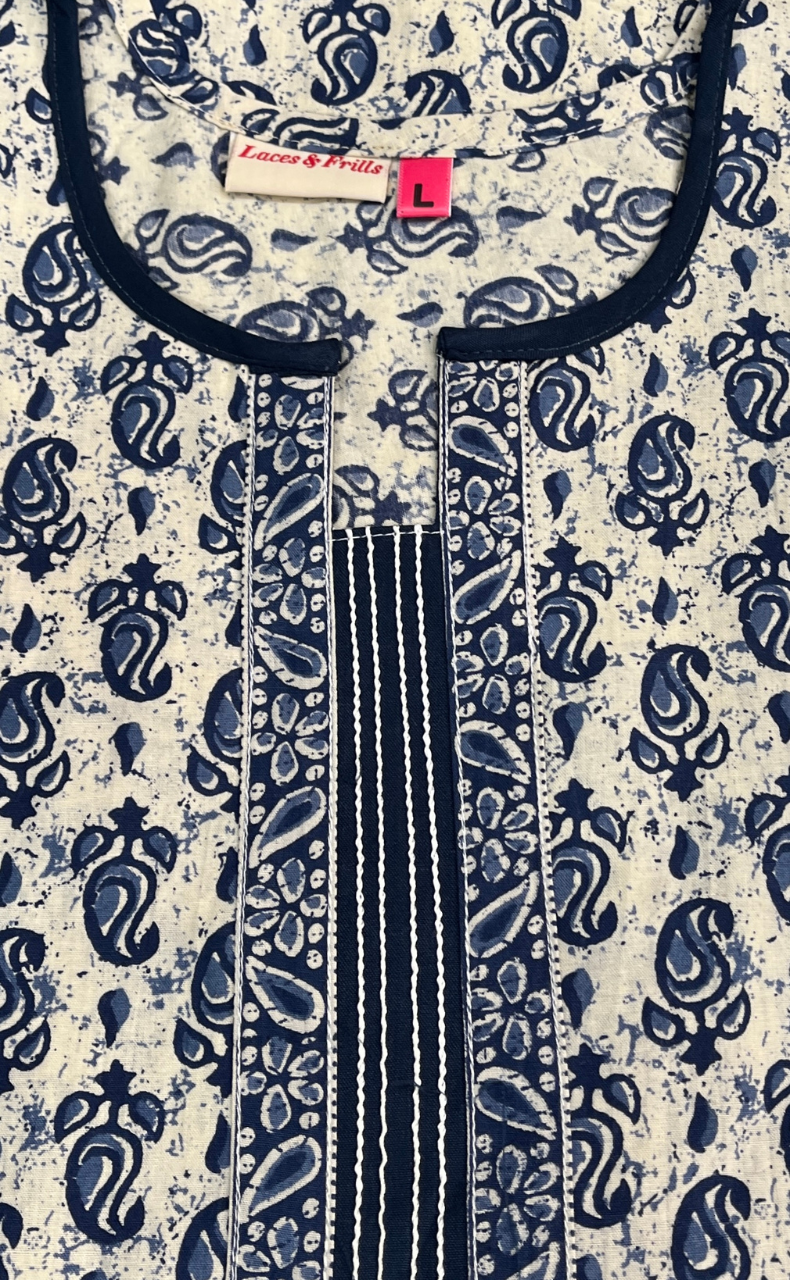 Blue Paisley Motif Sleeveless Pure Cotton Nighty. Pure Durable Cotton | Laces and Frills