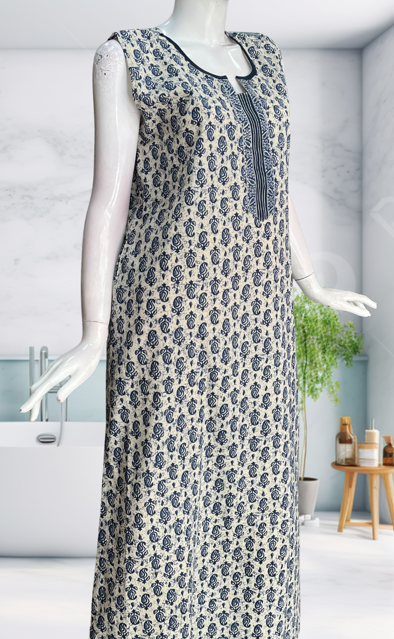 Blue Paisley Motif Sleeveless Pure Cotton Nighty. Pure Durable Cotton | Laces and Frills