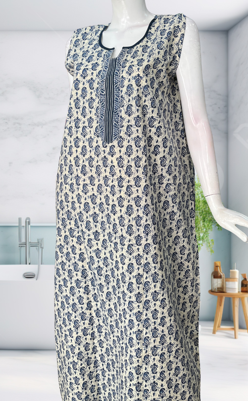 Blue Paisley Motif Sleeveless Pure Cotton Nighty. Pure Durable Cotton | Laces and Frills
