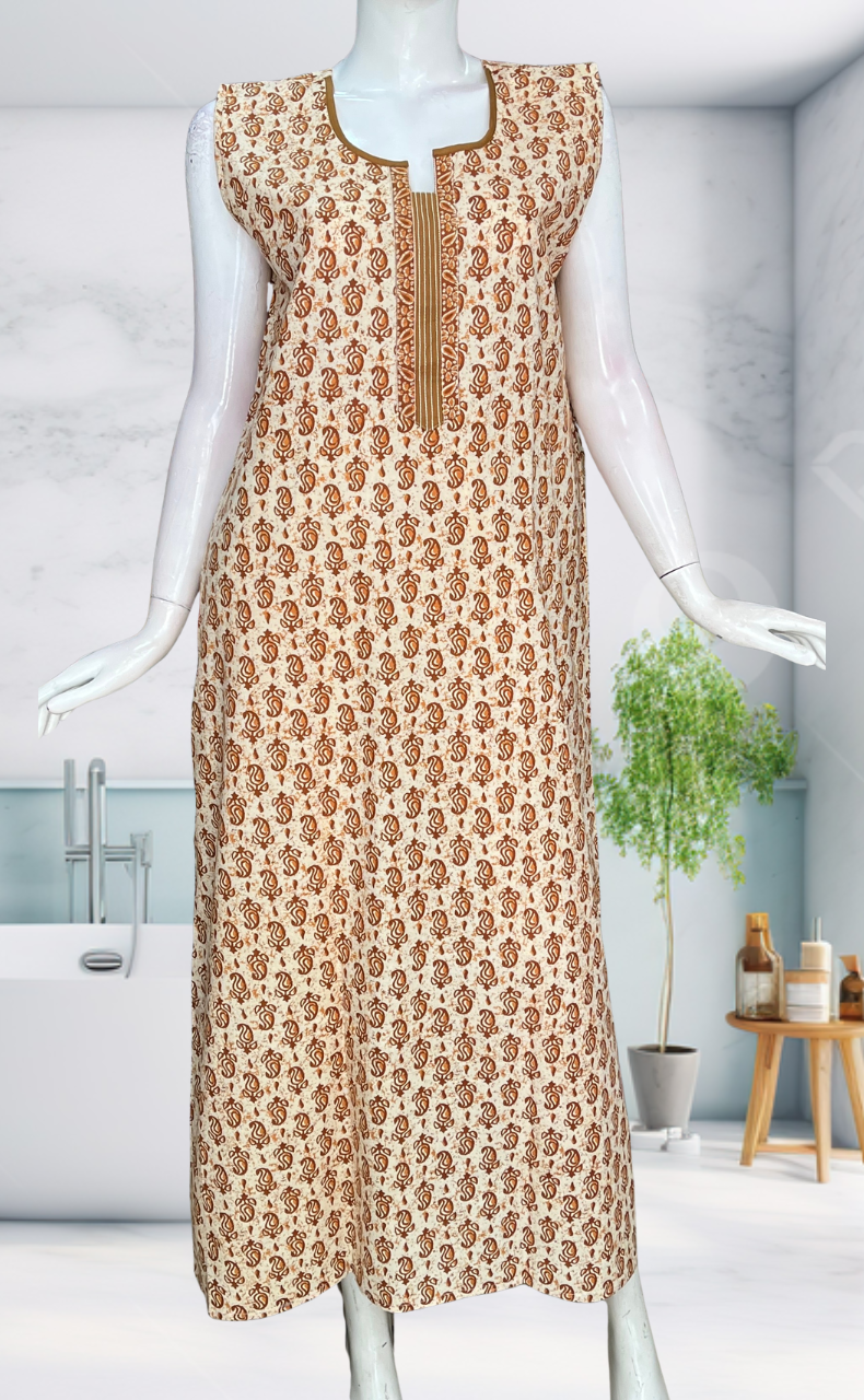Mustard Paisley Motif Sleeveless Pure Cotton Nighty. Pure Durable Cotton | Laces and Frills