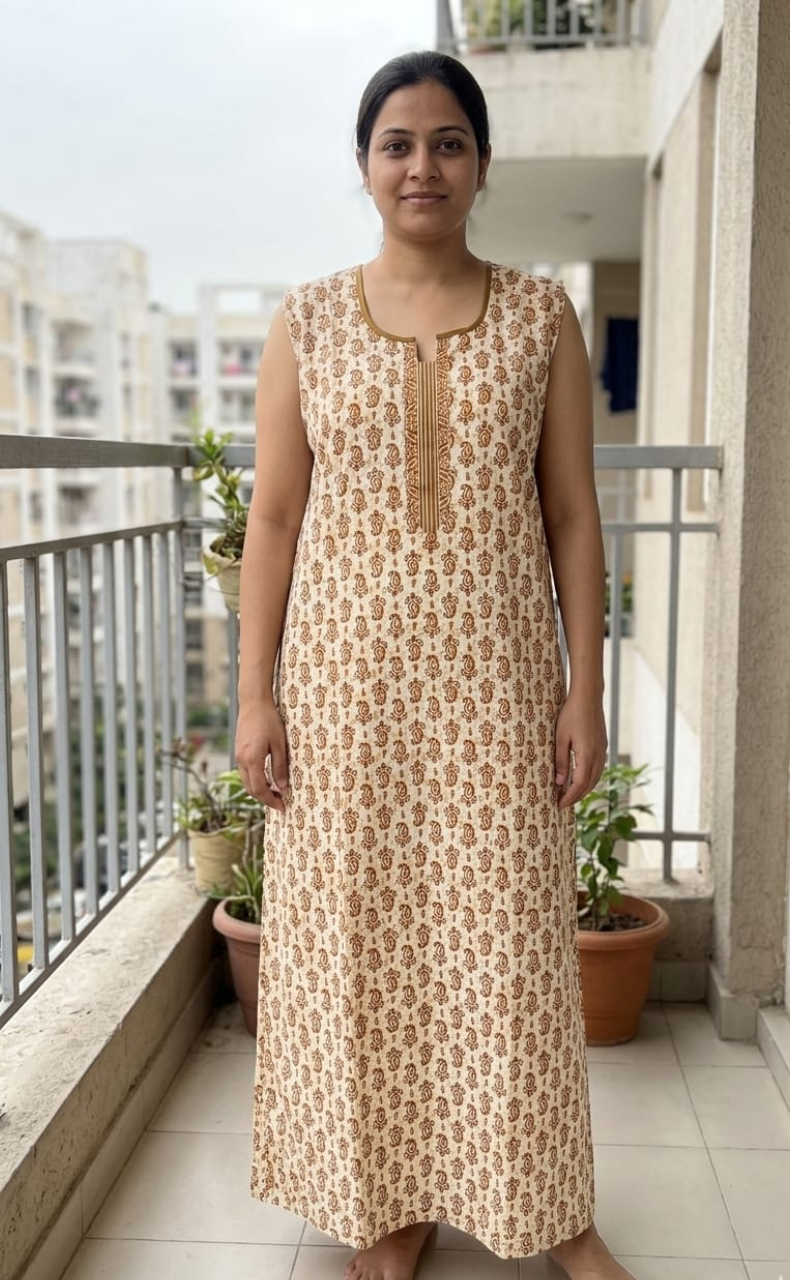 Mustard Paisley Motif Sleeveless Pure Cotton Nighty. Pure Durable Cotton | Laces and Frills
