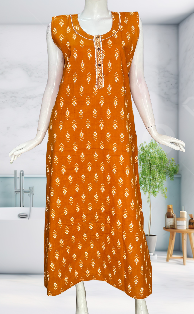 Yellow Abstract Sleeveless Pure Cotton Nighty. Pure Durable Cotton | Laces and Frills