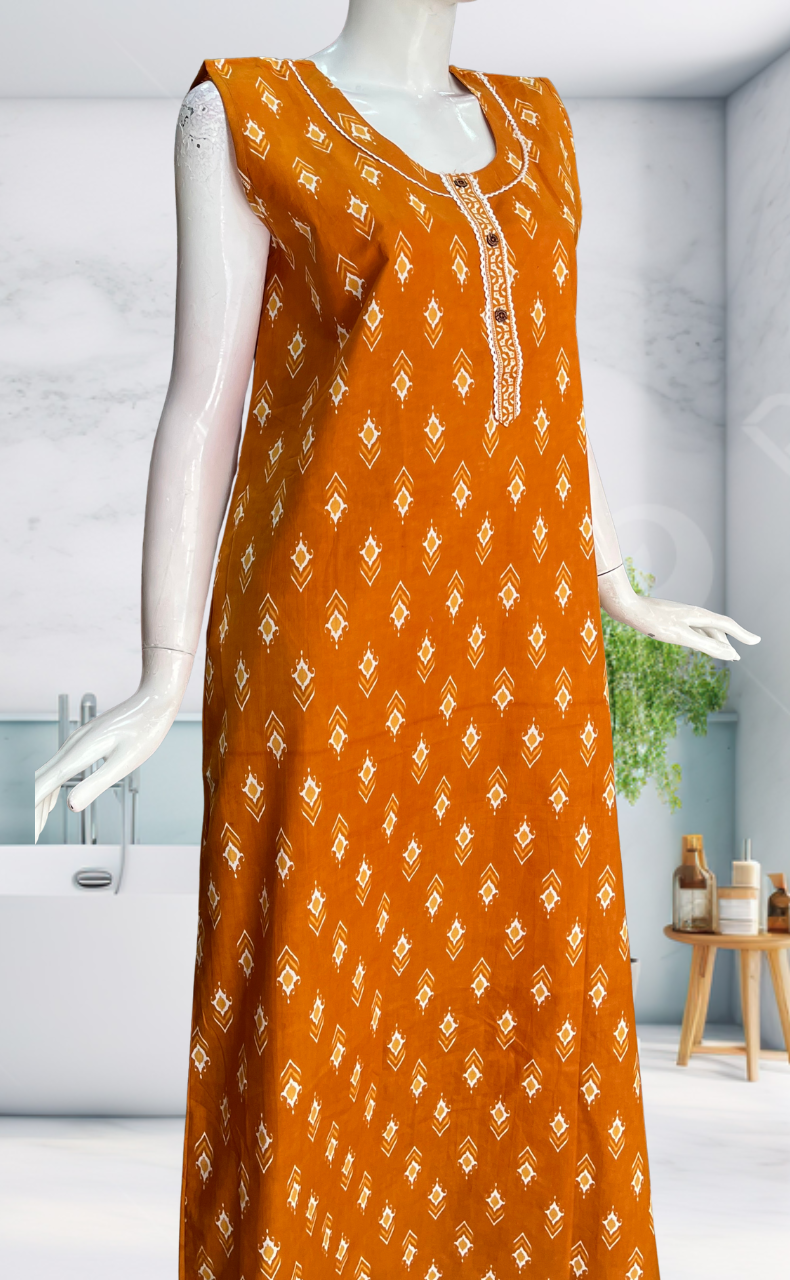 Yellow Abstract Sleeveless Pure Cotton Nighty. Pure Durable Cotton | Laces and Frills