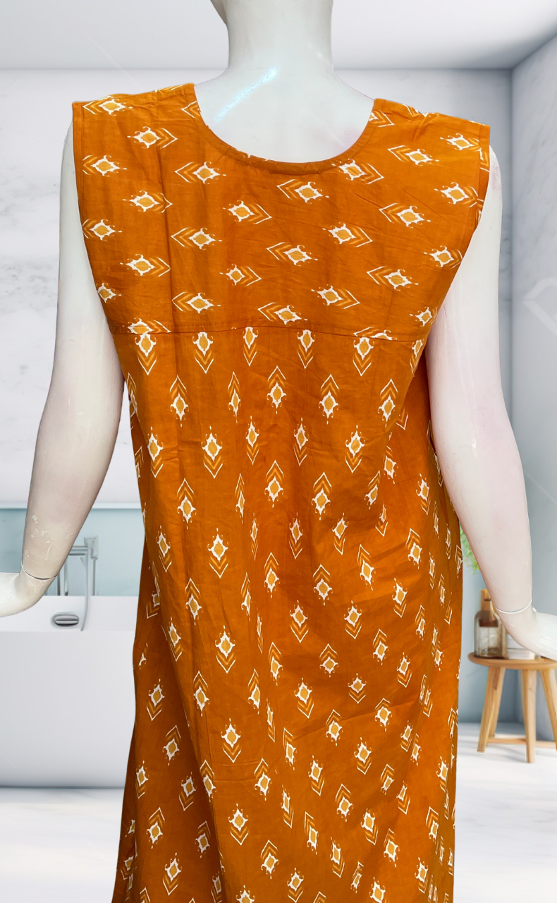 Yellow Abstract Sleeveless Pure Cotton Nighty. Pure Durable Cotton | Laces and Frills