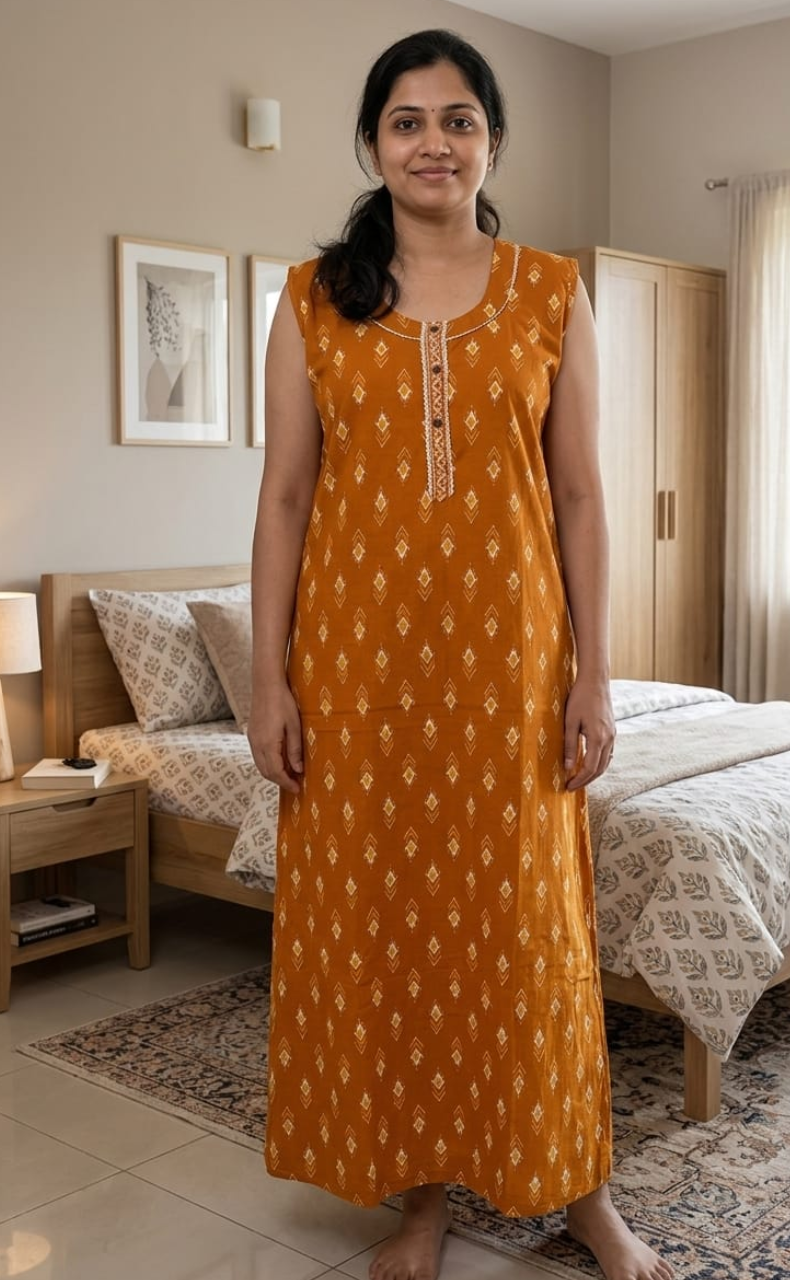 Yellow Abstract Sleeveless Pure Cotton Nighty. Pure Durable Cotton | Laces and Frills