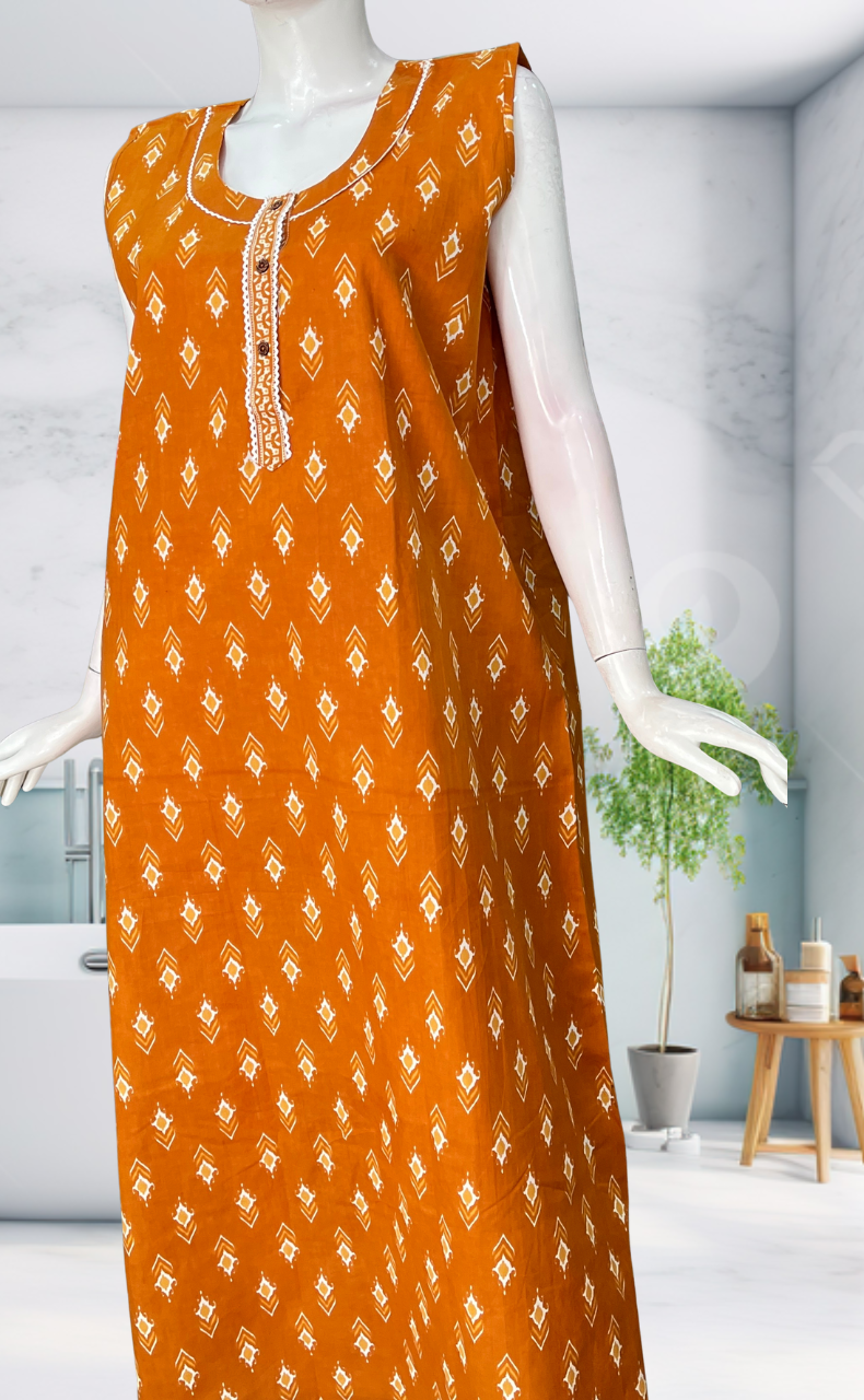 Yellow Abstract Sleeveless Pure Cotton Nighty. Pure Durable Cotton | Laces and Frills