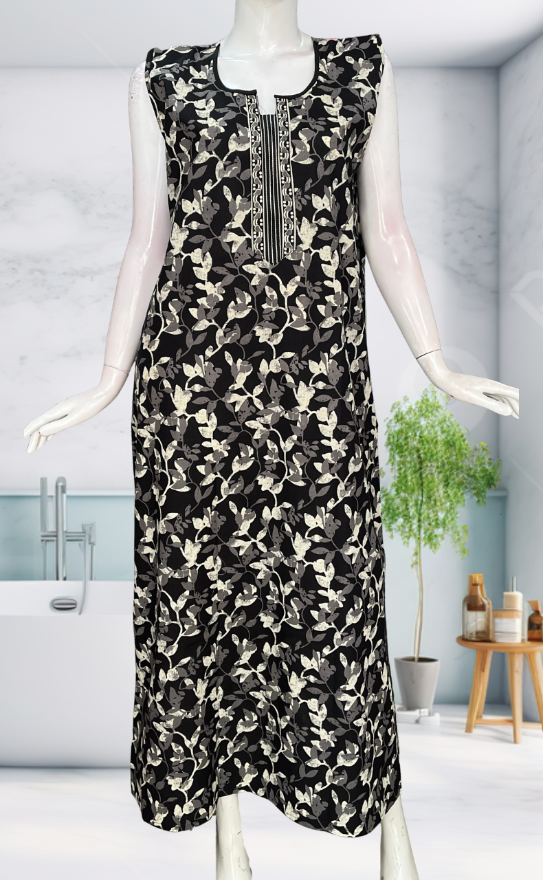Black Garden Sleeveless Pure Cotton Nighty. Pure Durable Cotton | Laces and Frills