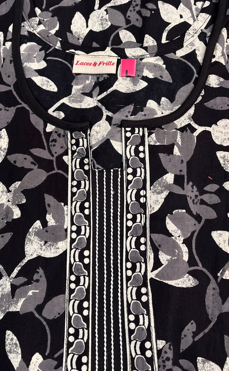 Black Garden Sleeveless Pure Cotton Nighty. Pure Durable Cotton | Laces and Frills