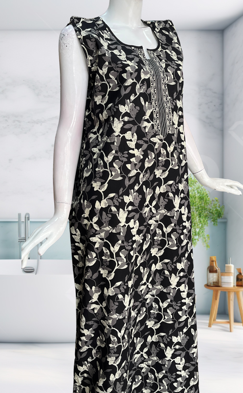 Black Garden Sleeveless Pure Cotton Nighty. Pure Durable Cotton | Laces and Frills