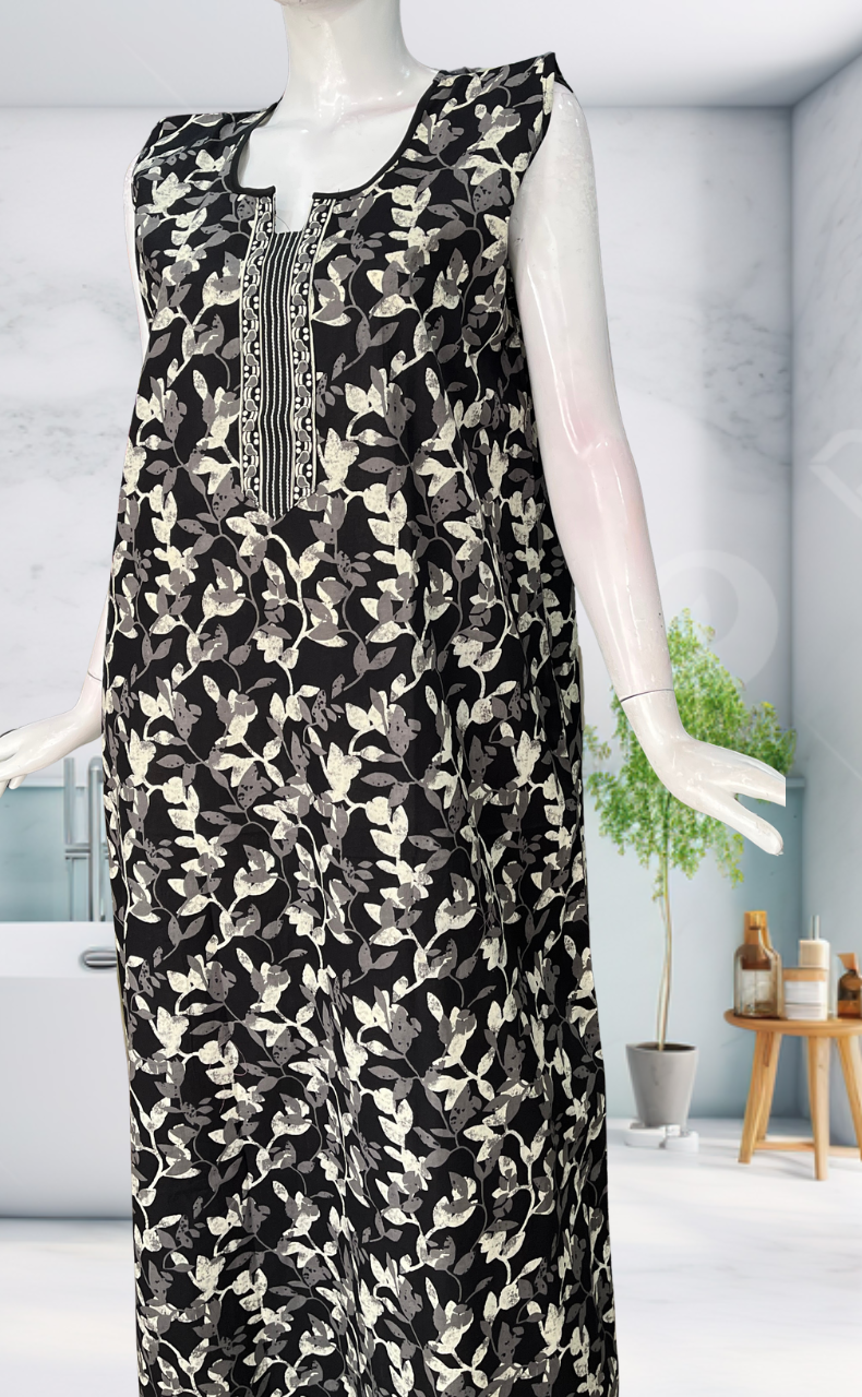 Black Garden Sleeveless Pure Cotton Nighty. Pure Durable Cotton | Laces and Frills