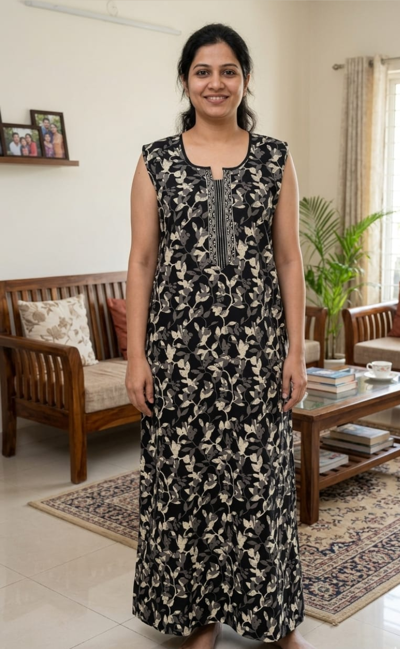 Black Garden Sleeveless Pure Cotton Nighty. Pure Durable Cotton | Laces and Frills