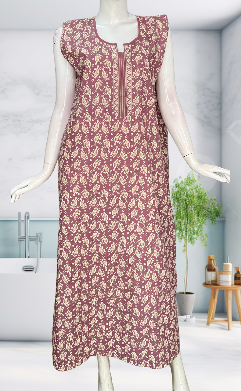 Light Purple Garden Sleeveless Pure Cotton Nighty. Pure Durable Cotton | Laces and Frills