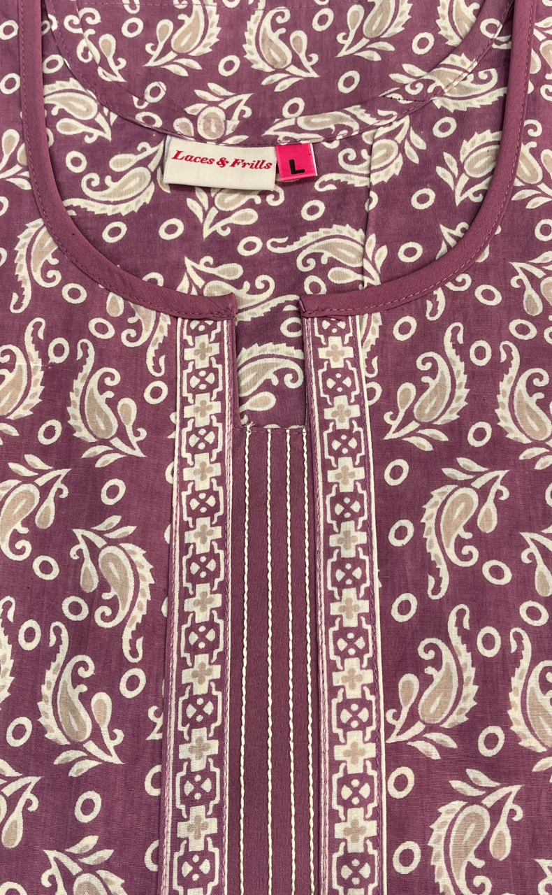 Light Purple Garden Sleeveless Pure Cotton Nighty. Pure Durable Cotton | Laces and Frills