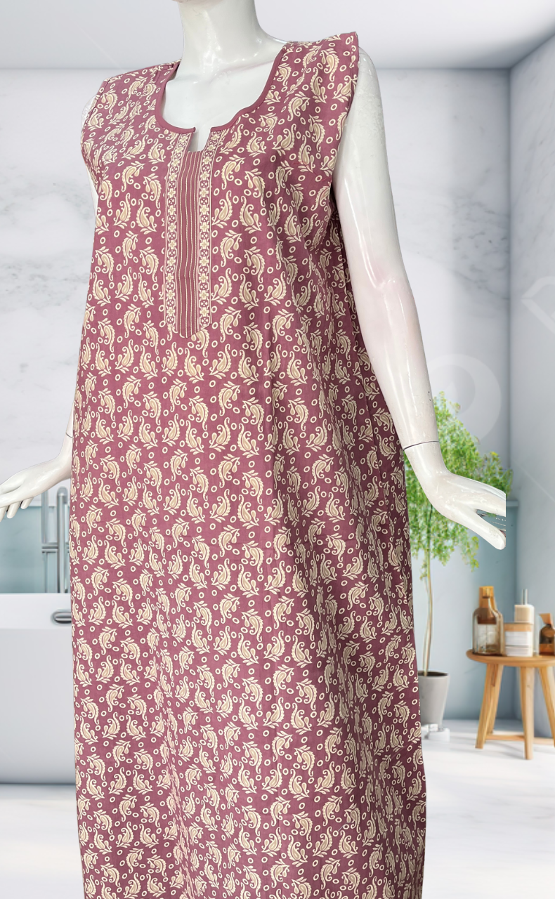 Light Purple Garden Sleeveless Pure Cotton Nighty. Pure Durable Cotton | Laces and Frills