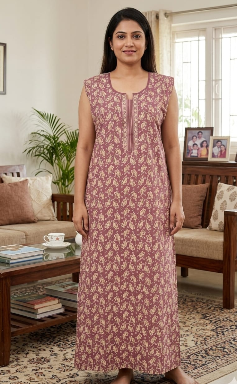 Light Purple Garden Sleeveless Pure Cotton Nighty. Pure Durable Cotton | Laces and Frills