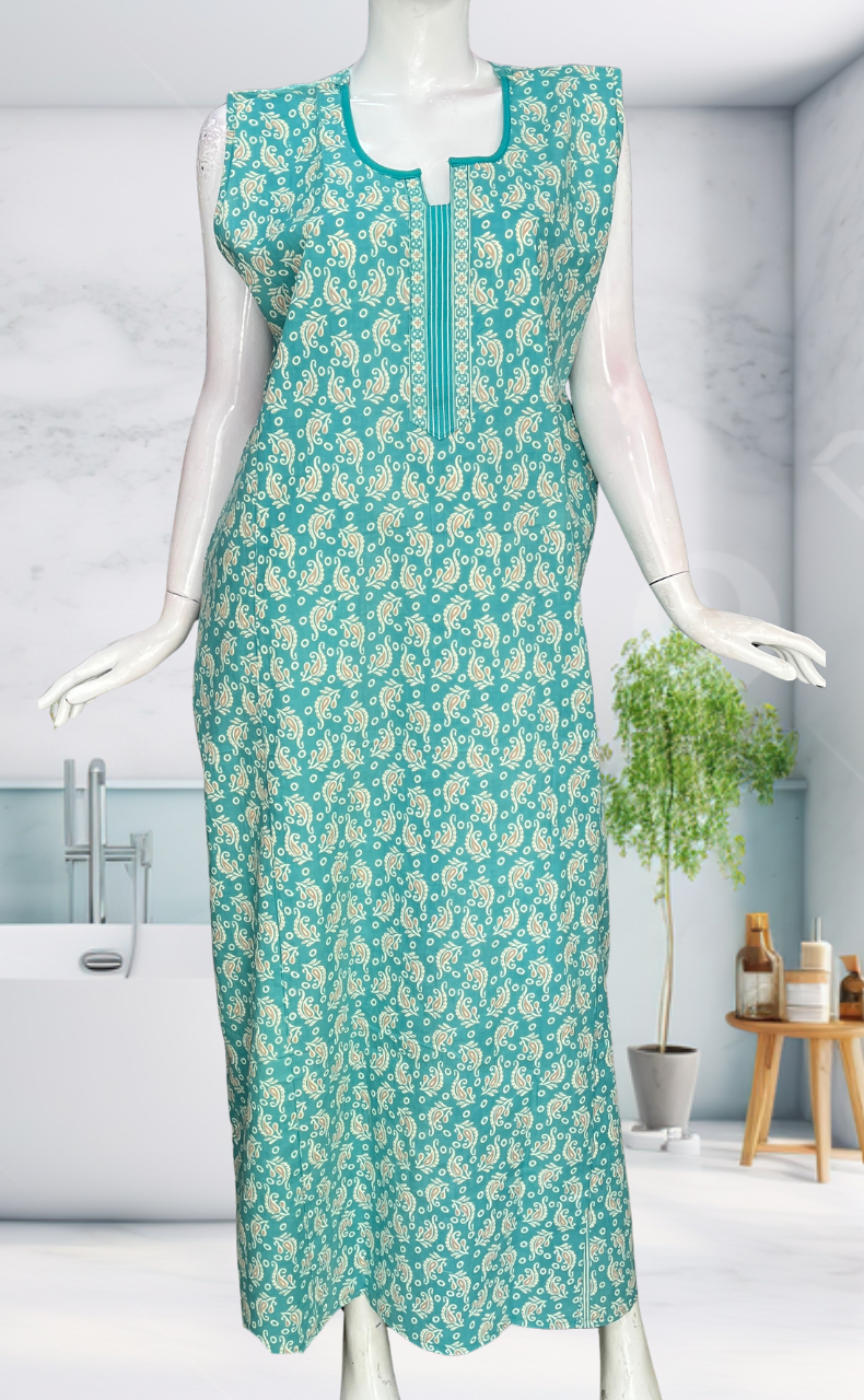 Sea Green Garden Sleeveless Pure Cotton Nighty. Pure Durable Cotton | Laces and Frills