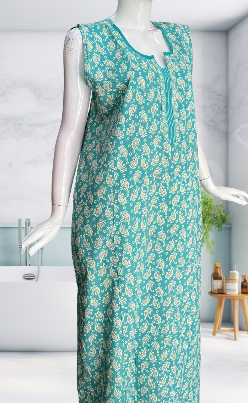 Sea Green Garden Sleeveless Pure Cotton Nighty. Pure Durable Cotton | Laces and Frills
