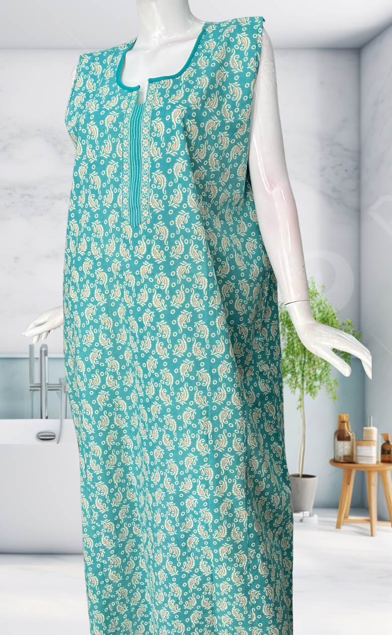 Sea Green Garden Sleeveless Pure Cotton Nighty. Pure Durable Cotton | Laces and Frills