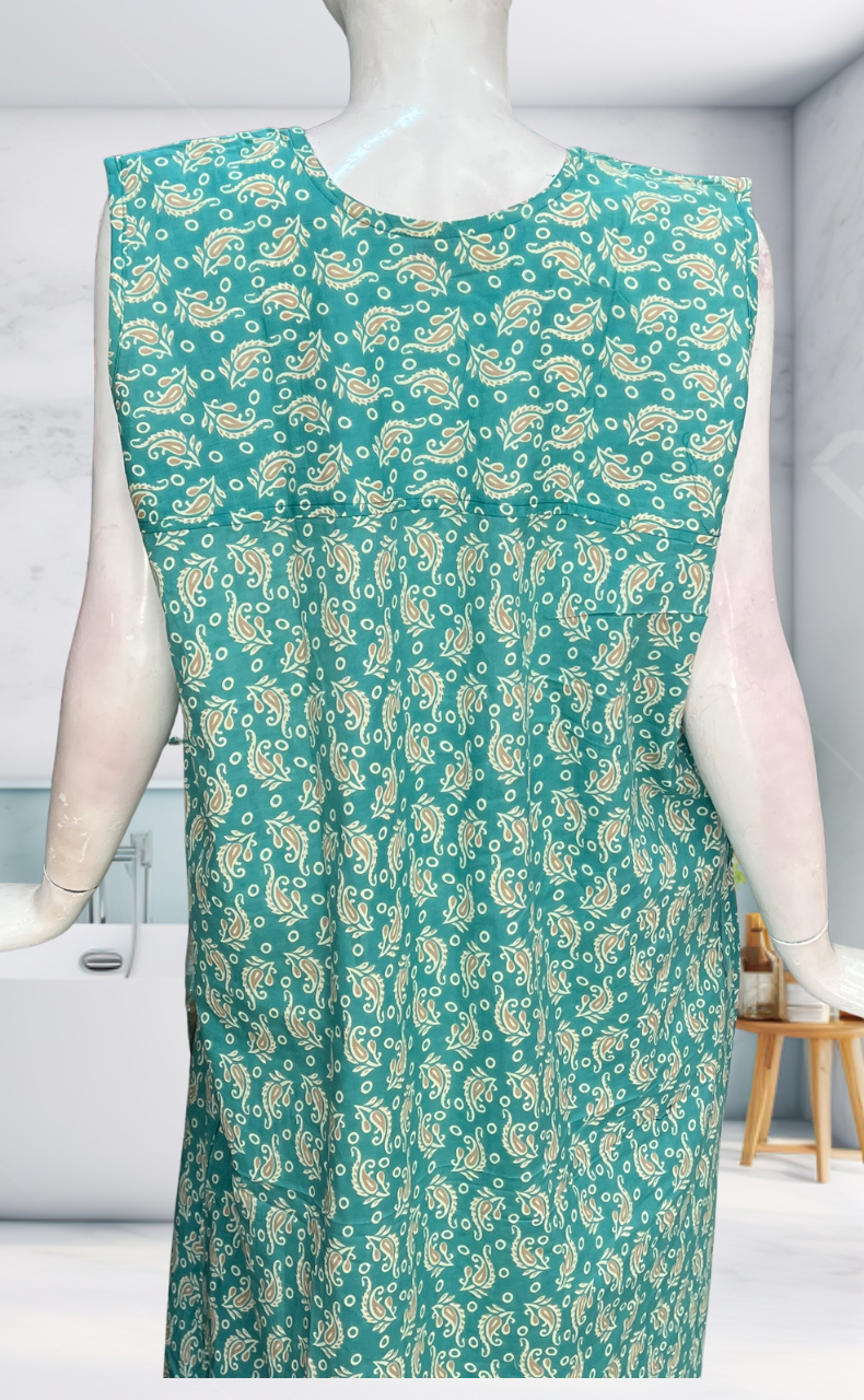 Sea Green Garden Sleeveless Pure Cotton Nighty. Pure Durable Cotton | Laces and Frills