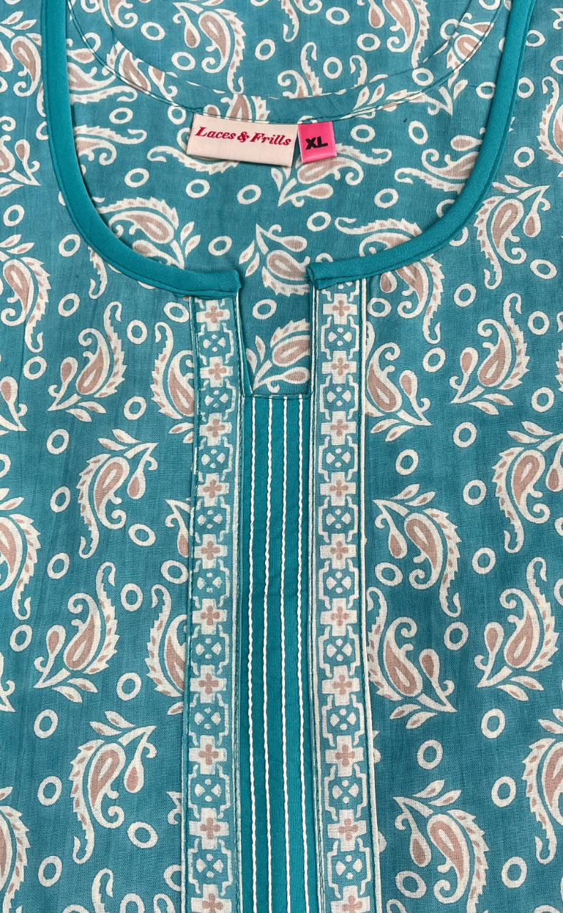 Sea Green Garden Sleeveless Pure Cotton Nighty. Pure Durable Cotton | Laces and Frills