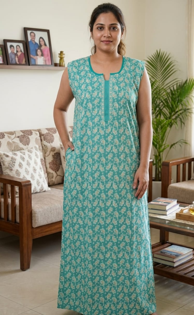 Sea Green Garden Sleeveless Pure Cotton Nighty. Pure Durable Cotton | Laces and Frills