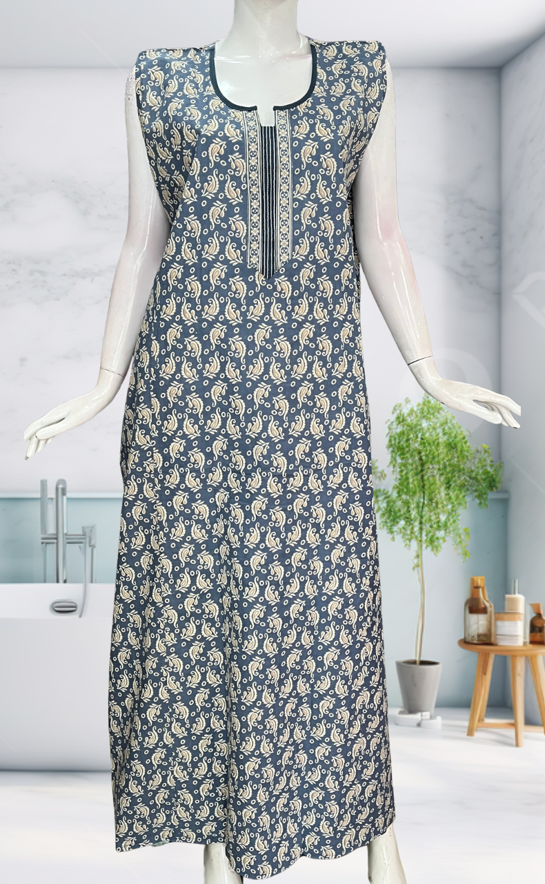 Light Blue Garden Sleeveless Pure Cotton Nighty. Pure Durable Cotton | Laces and Frills