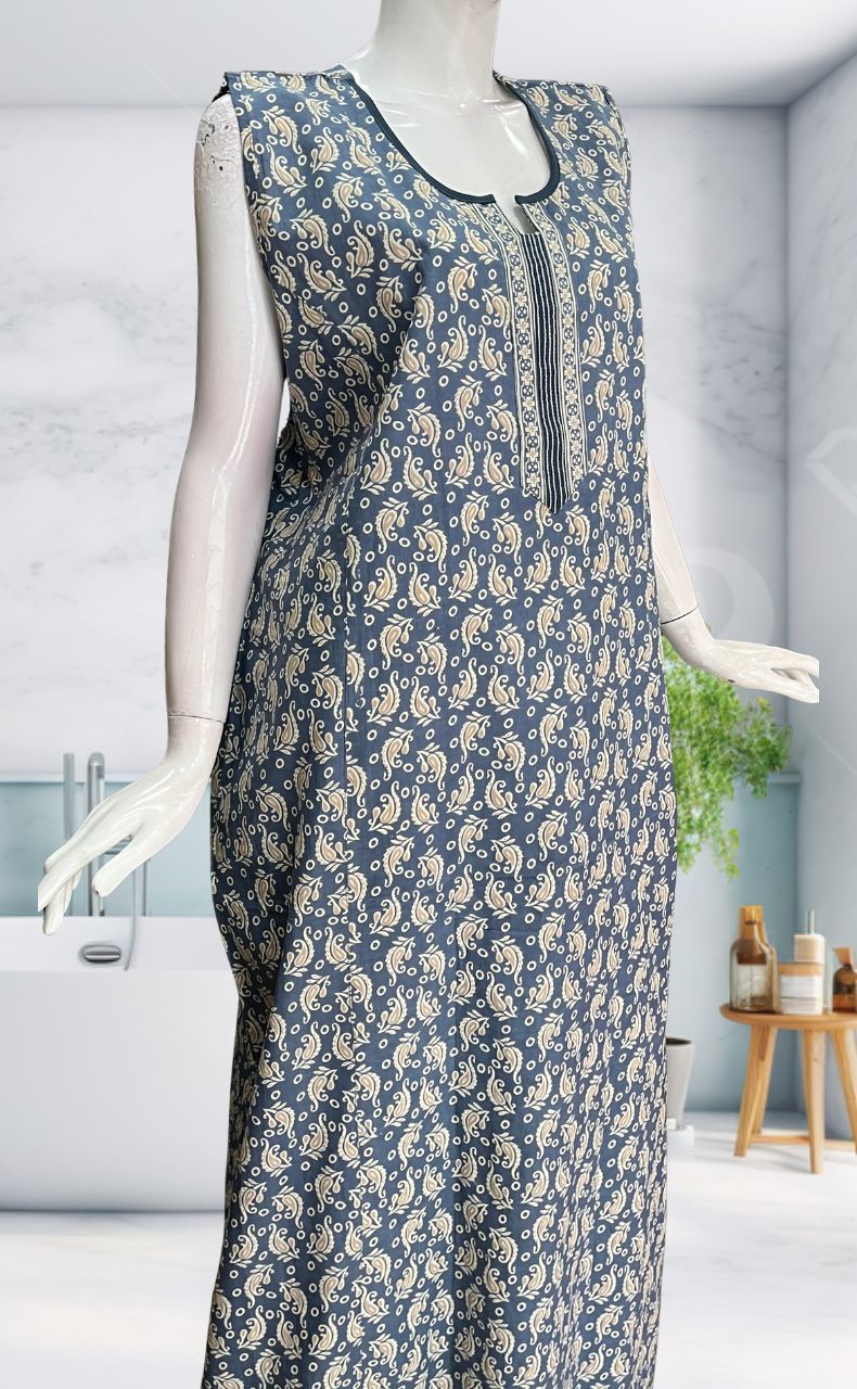 Light Blue Garden Sleeveless Pure Cotton Nighty. Pure Durable Cotton | Laces and Frills