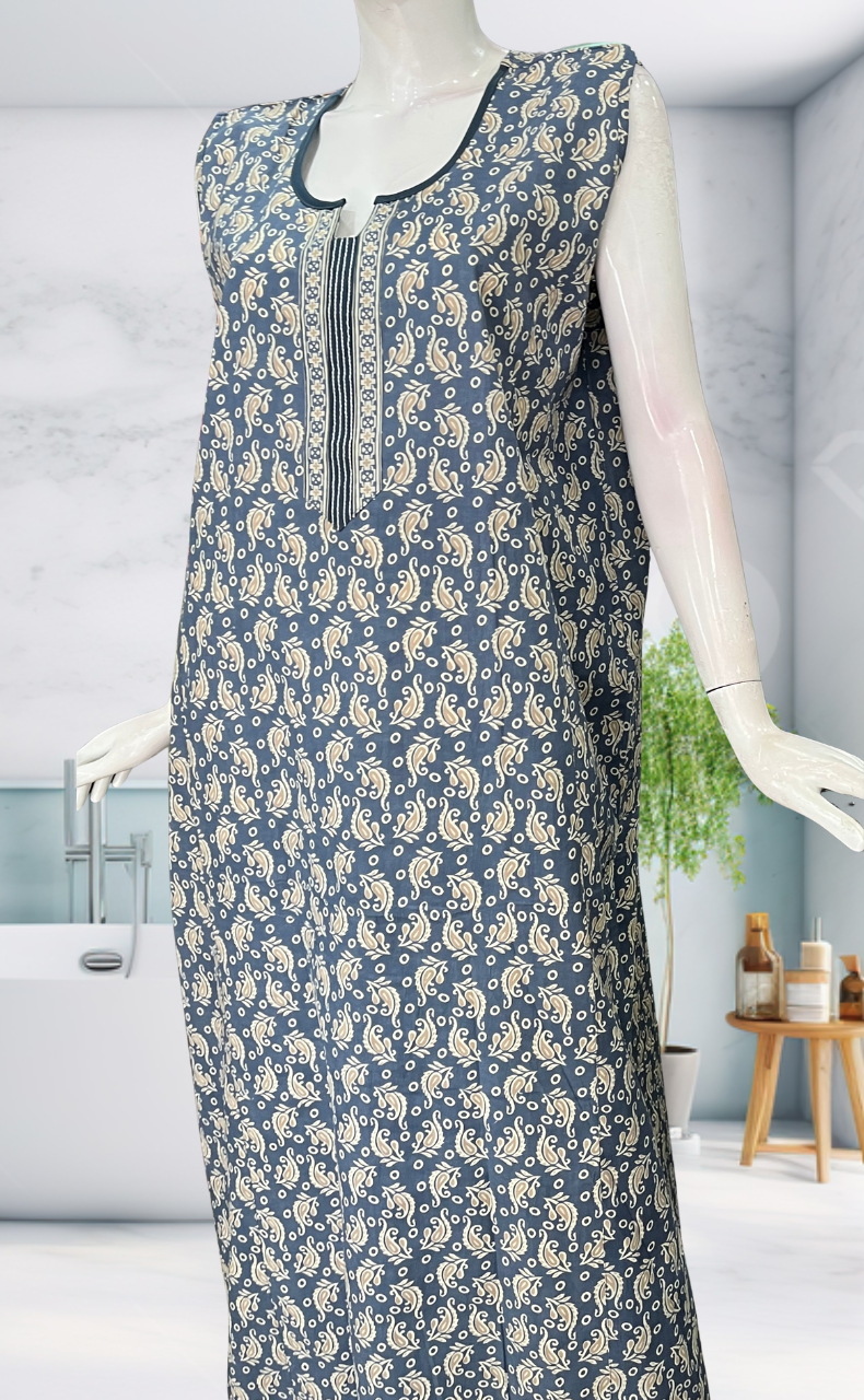 Light Blue Garden Sleeveless Pure Cotton Nighty. Pure Durable Cotton | Laces and Frills
