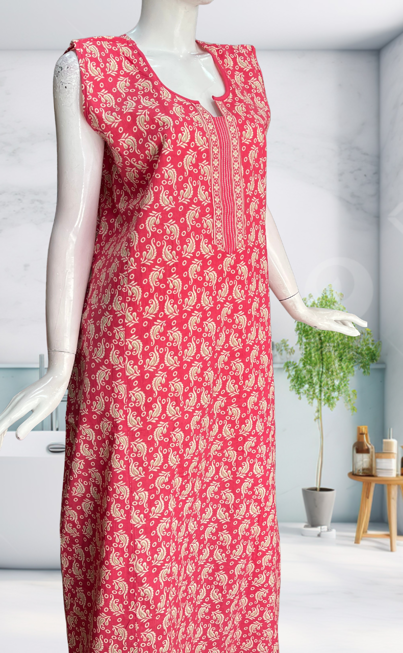 Pink Garden Sleeveless Pure Cotton Nighty. Pure Durable Cotton | Laces and Frills
