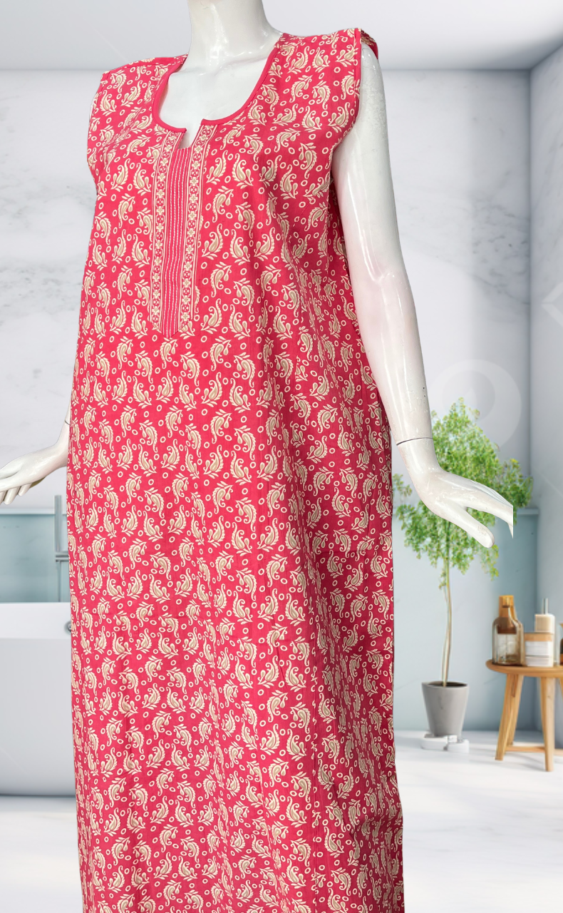Pink Garden Sleeveless Pure Cotton Nighty. Pure Durable Cotton | Laces and Frills