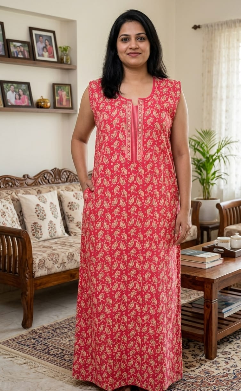 Pink Garden Sleeveless Pure Cotton Nighty. Pure Durable Cotton | Laces and Frills