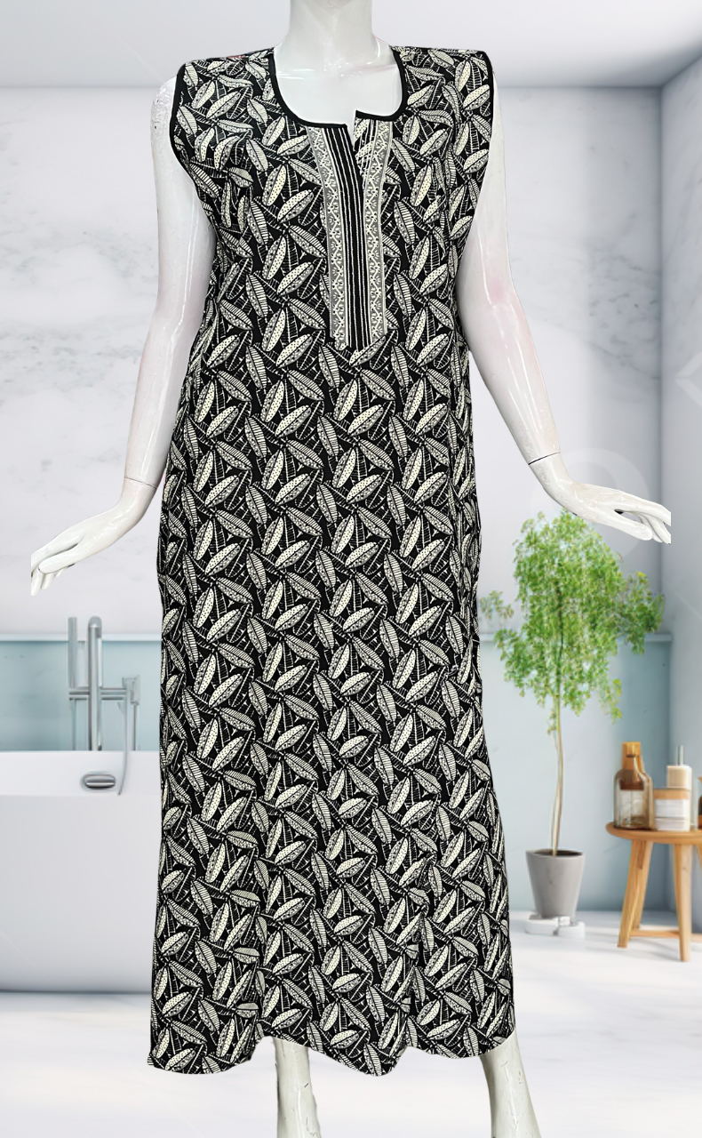 Black Leafy Sleeveless Pure Cotton Nighty. Pure Durable Cotton | Laces and Frills