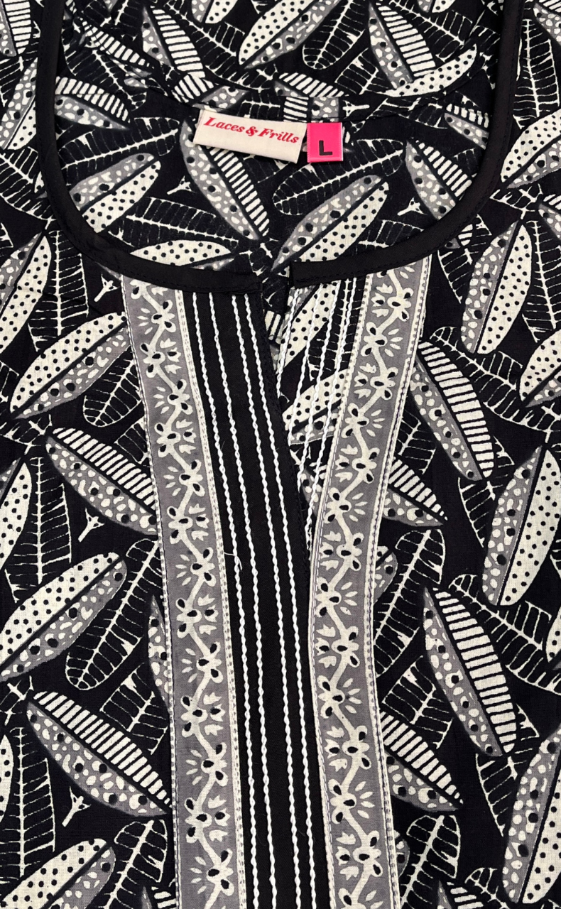 Black Leafy Sleeveless Pure Cotton Nighty. Pure Durable Cotton | Laces and Frills
