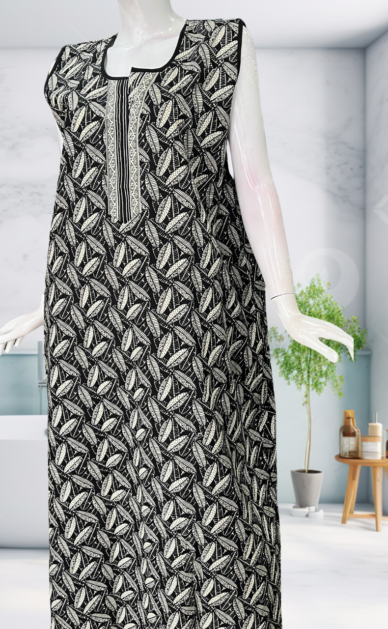 Black Leafy Sleeveless Pure Cotton Nighty. Pure Durable Cotton | Laces and Frills