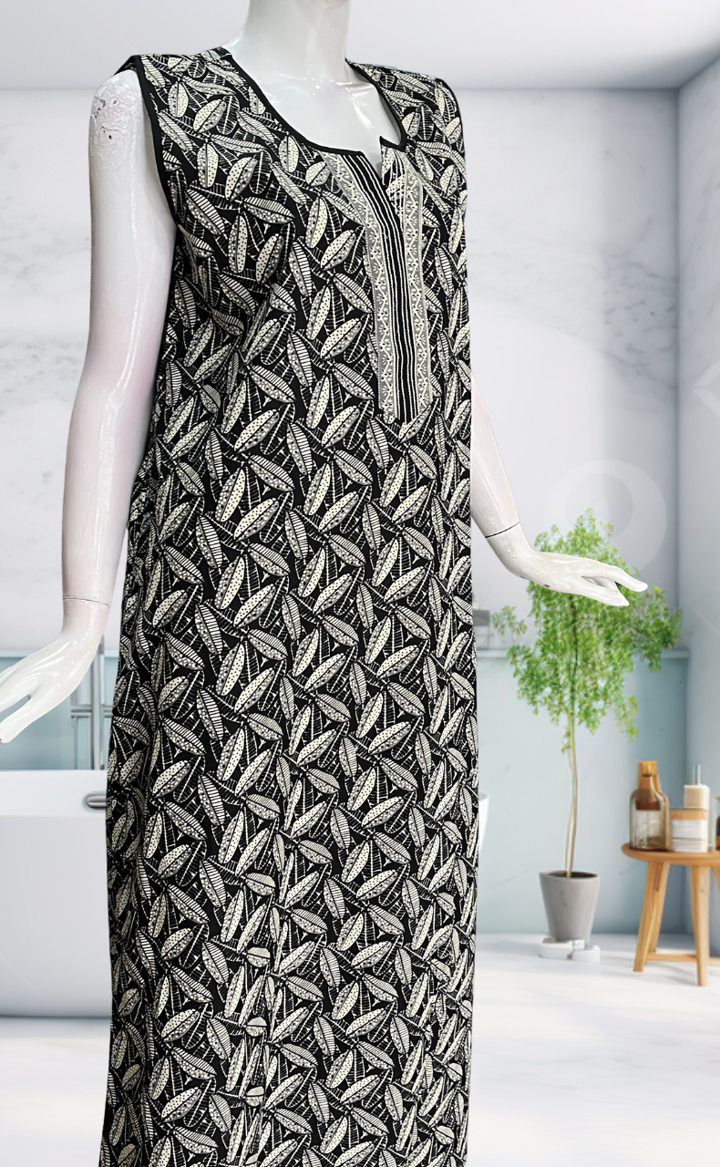 Black Leafy Sleeveless Pure Cotton Nighty. Pure Durable Cotton | Laces and Frills