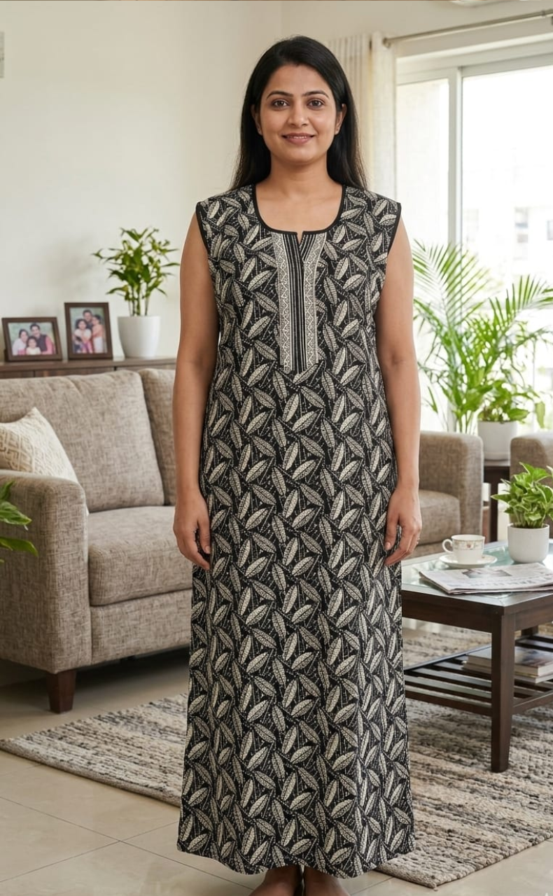 Black Leafy Sleeveless Pure Cotton Nighty. Pure Durable Cotton | Laces and Frills