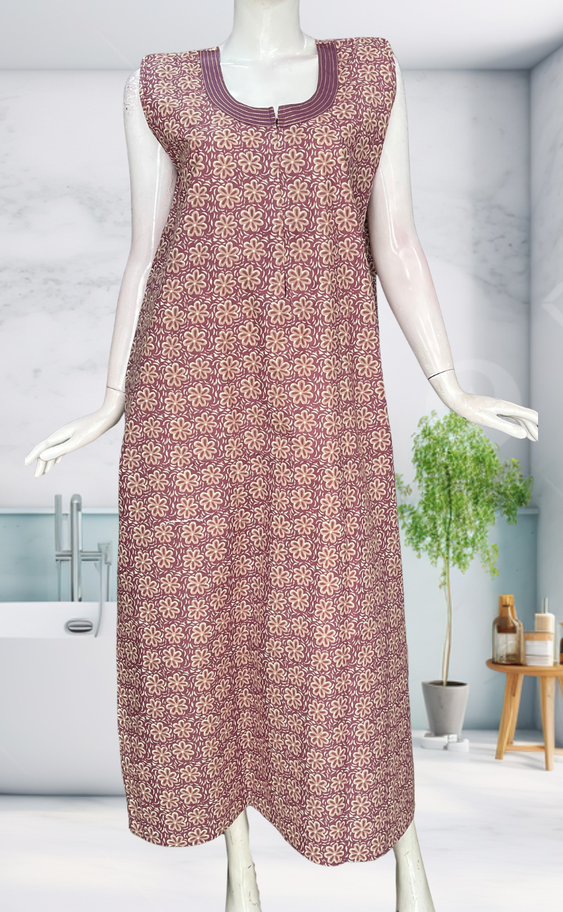 Light Purple Flora Sleeveless Pure Cotton Nighty. Pure Durable Cotton | Laces and Frills