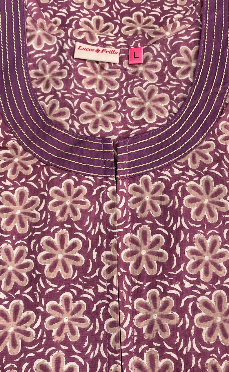 Light Purple Flora Sleeveless Pure Cotton Nighty. Pure Durable Cotton | Laces and Frills