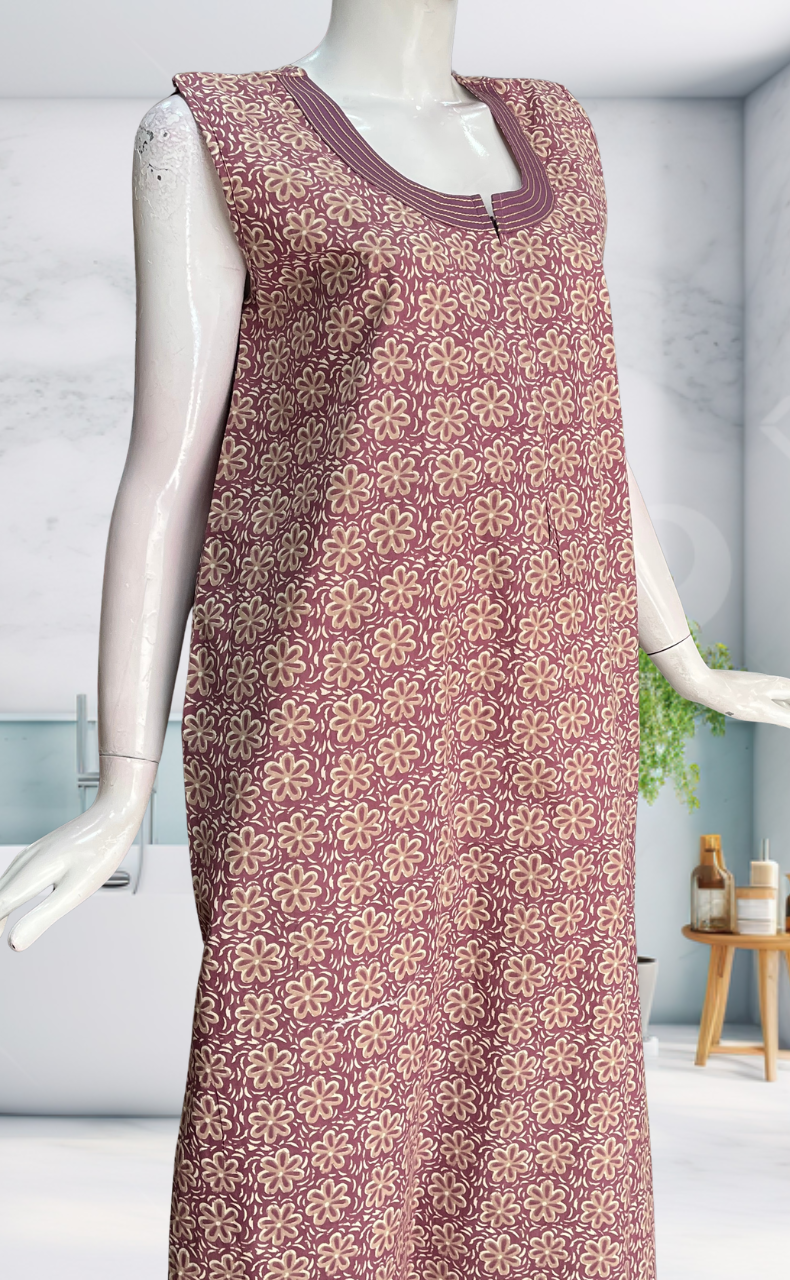Light Purple Flora Sleeveless Pure Cotton Nighty. Pure Durable Cotton | Laces and Frills