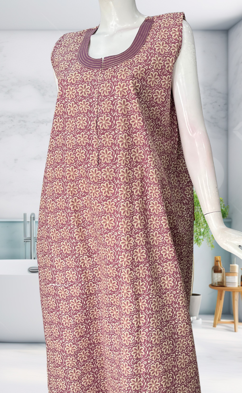 Light Purple Flora Sleeveless Pure Cotton Nighty. Pure Durable Cotton | Laces and Frills