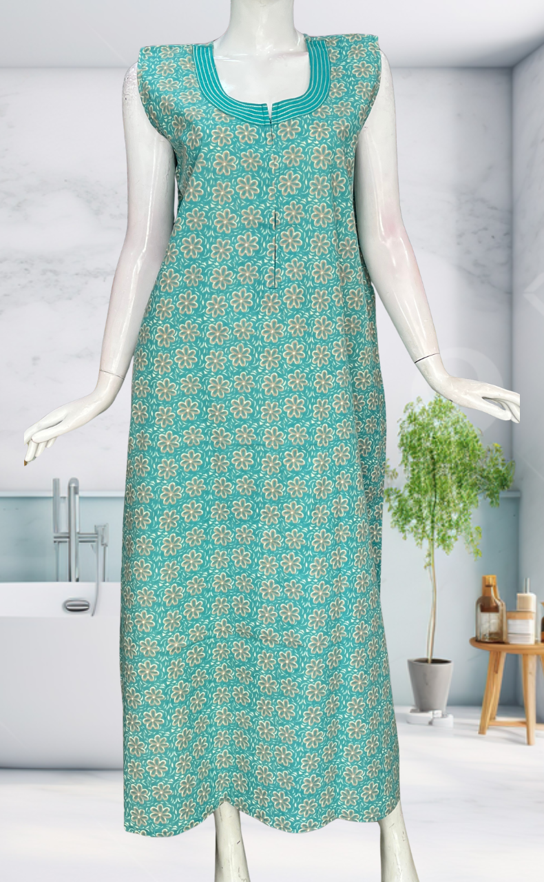Sea Green Flora Sleeveless Pure Cotton Nighty. Pure Durable Cotton | Laces and Frills