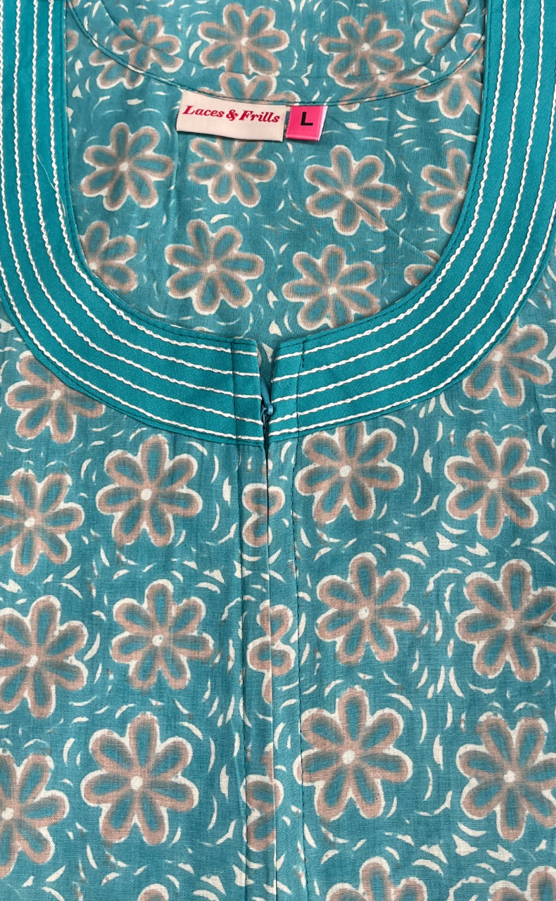 Sea Green Flora Sleeveless Pure Cotton Nighty. Pure Durable Cotton | Laces and Frills