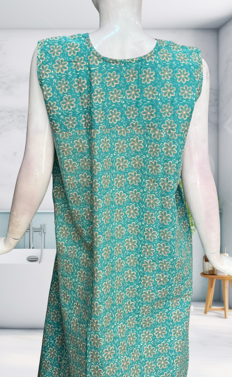 Sea Green Flora Sleeveless Pure Cotton Nighty. Pure Durable Cotton | Laces and Frills