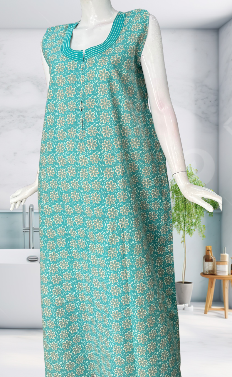 Sea Green Flora Sleeveless Pure Cotton Nighty. Pure Durable Cotton | Laces and Frills