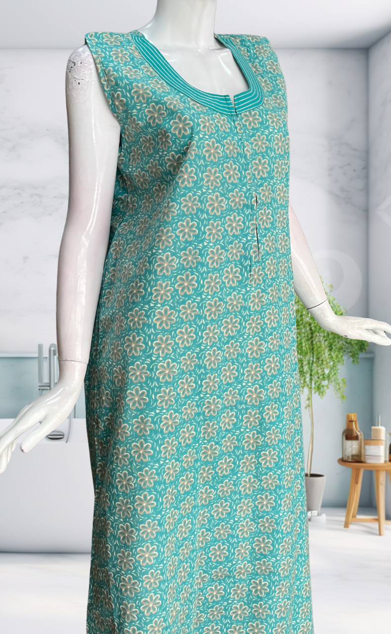 Sea Green Flora Sleeveless Pure Cotton Nighty. Pure Durable Cotton | Laces and Frills