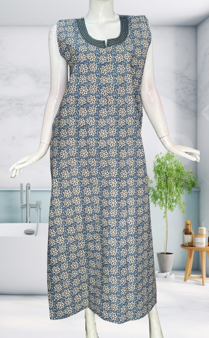 Light Blue Flora Sleeveless Pure Cotton Nighty. Pure Durable Cotton | Laces and Frills